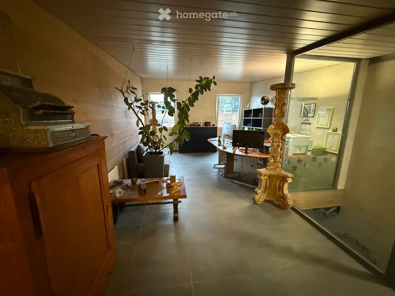 office: glass walls, wooden cabinets, plants, desks, monitors, wooden table, glass cabinet
