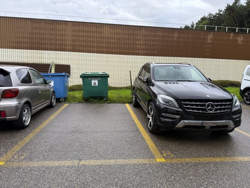 Outdoor parking area with 3 parked cars, large brown wall, two garbage bins, grassy area