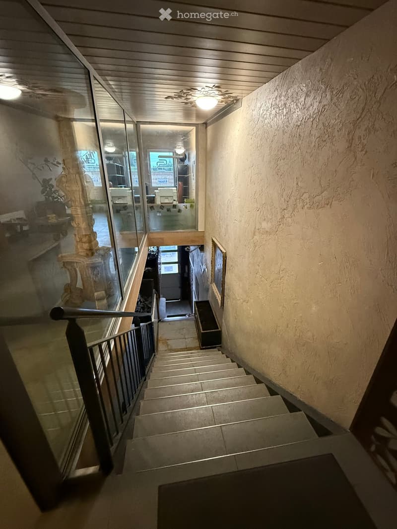 Stone stairs, raised ground floor, glass walls, wooden ceiling