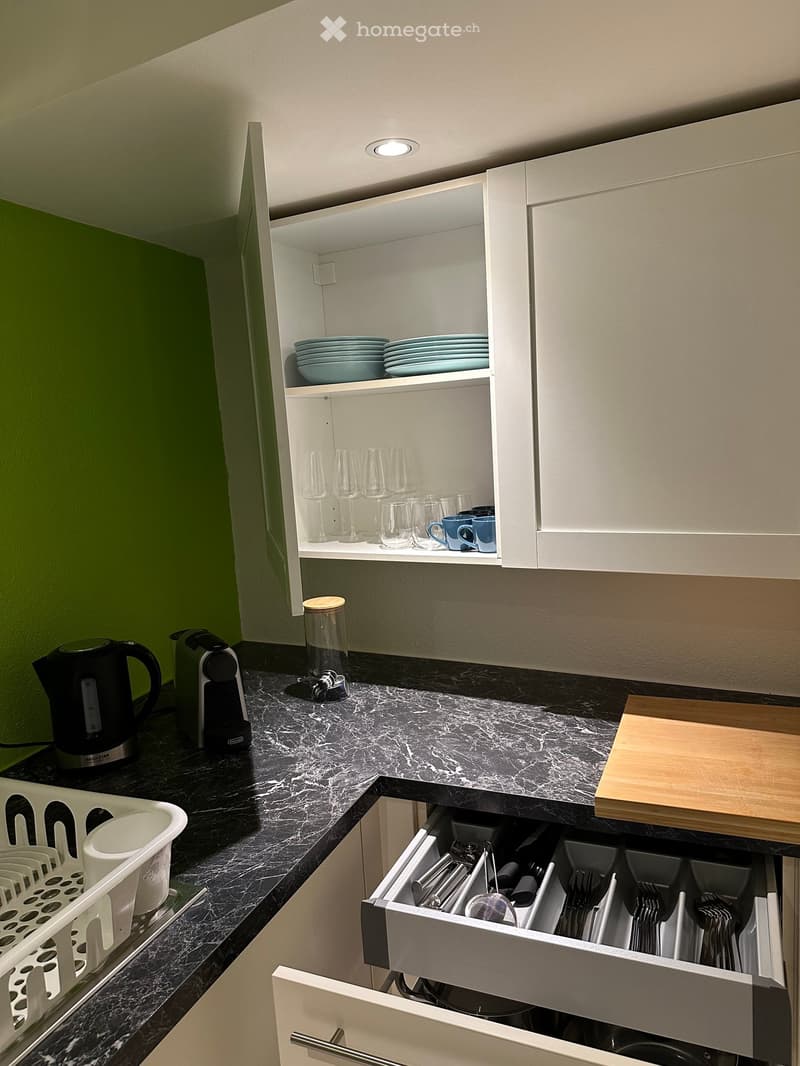 marble countertop, dishwasher drawer, green wall, electric kettle, coffee machine, open cabinet, blue plates, wine glasses, blue mugs, chopping board