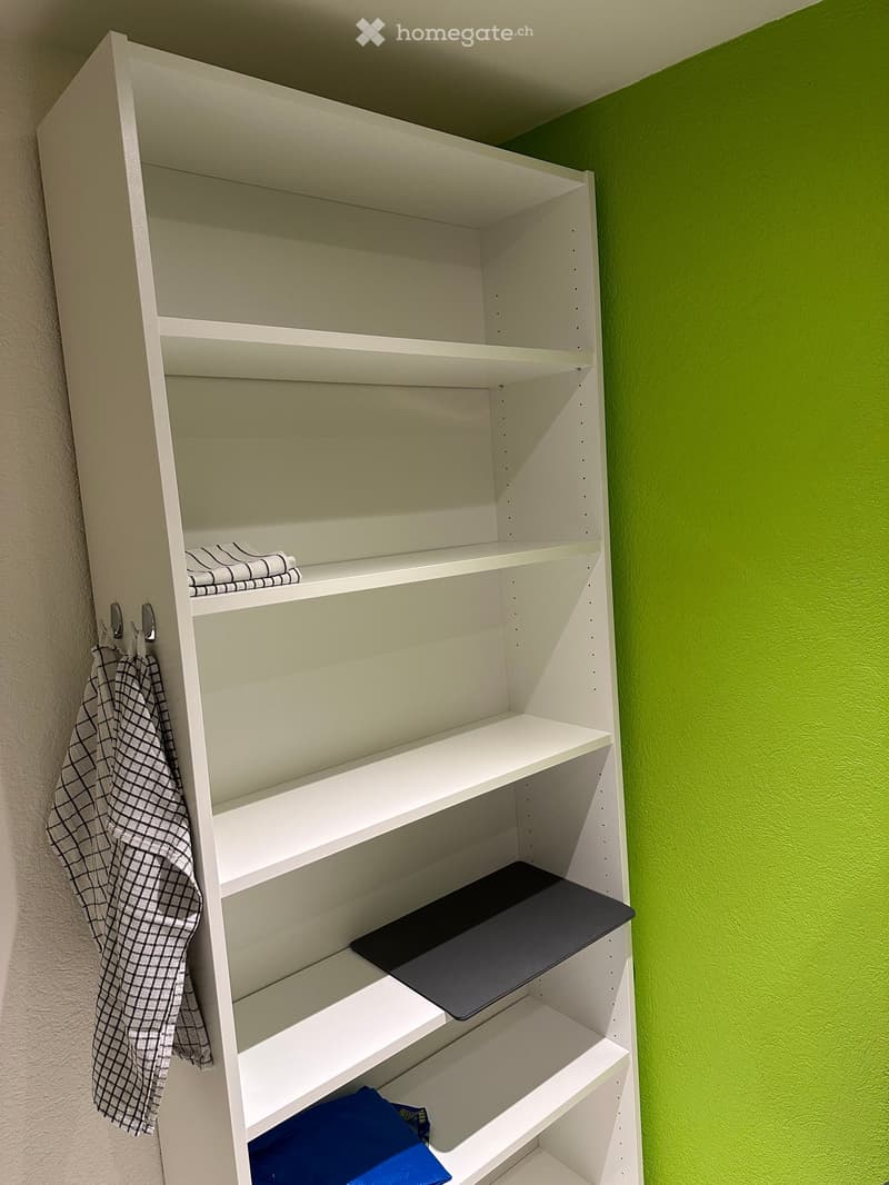 white shelf, green wall, towel, towel rack, black mat, blue cloth