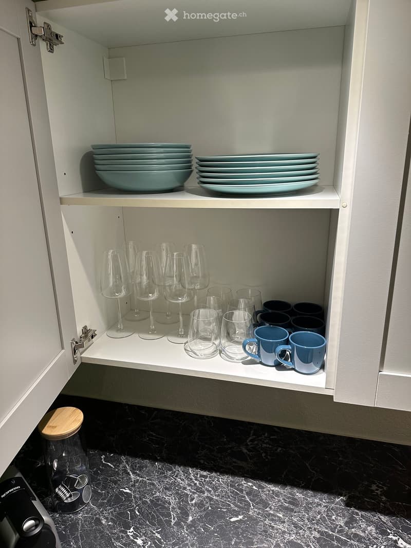 cupboards with kitchenware, plates, wine glasses, coffee cups