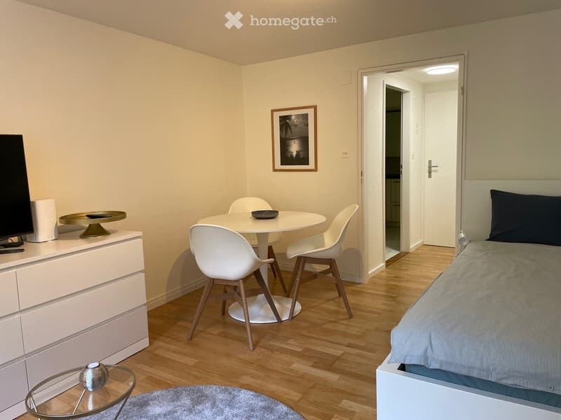 Wooden floor, white wall, bed, dining table with chairs, television, dresser, round glass table, gray carpet