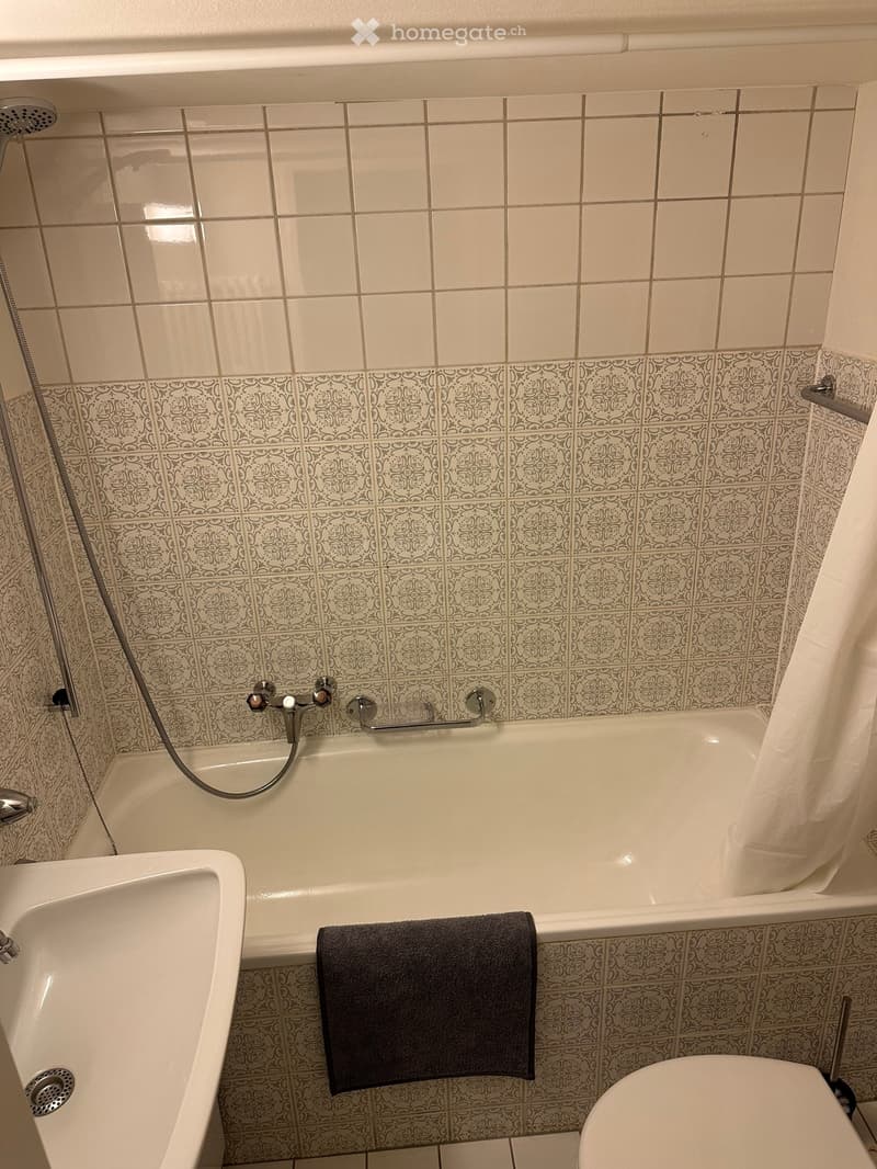 white tiles, bathtub, shower, toilet, sink, towel rack