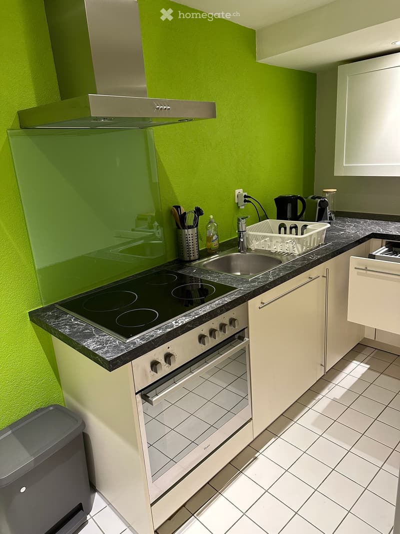 modern kitchen with green wall, black electric stove, marble countertop, white cabinets, sink, dishwasher