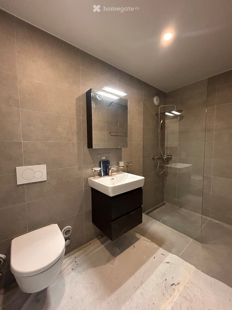 Modern bathroom with a white toilet, a sink with a dark wooden cabinet, a mirror with built-in lighting, and a glass-enclosed shower area.