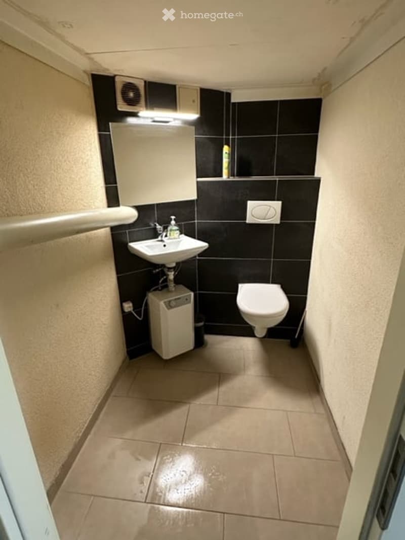a small bathroom with white sink, toilet and black tiled wall