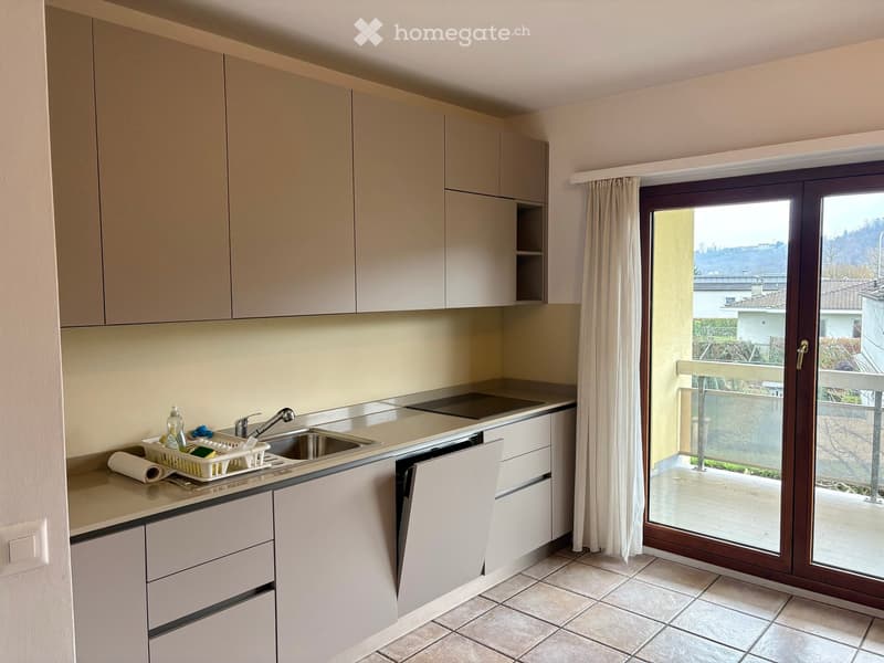 Modern kitchen with minimalist design, kitchen cabinets, sink, dishwasher, balcony, tiled floor