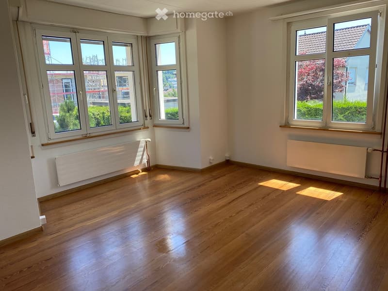 Empty room with wooden floor, white walls, white radiators, large windows with outdoor views