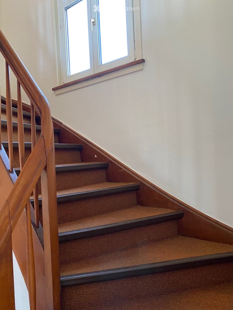 wooden stairs with brown carpet, wooden handrail, white wall, window