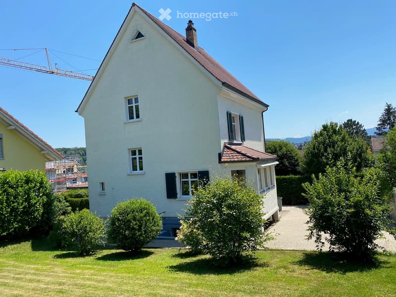 Detached house, white walls, brown roof, large windows, chimney, brick driveway