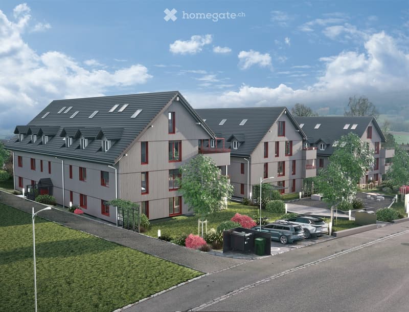 3-story buildings, red trim windows, sloped roof, exterior balcony, green lawn, trees, cars parked in front, carport