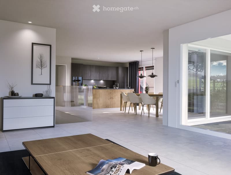 modern furniture, large windows, open concept, hardwood floor, sliding glass doors, kitchen