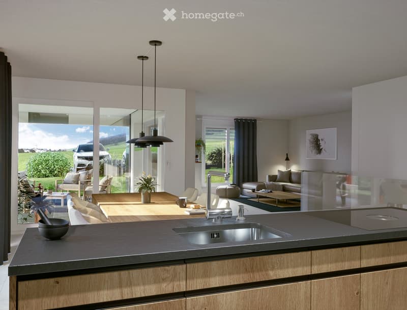 modern kitchen, large window, wooden dining table, open view to living room, plants, car visible through the glass doors