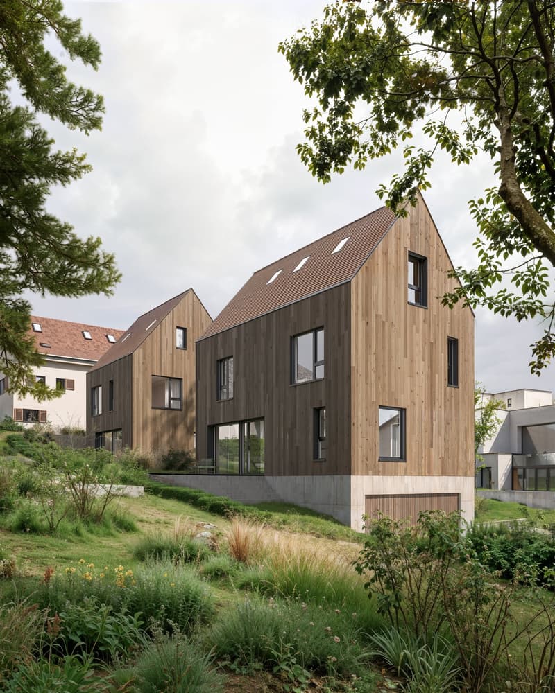 Modern wooden house with brown roof, large windows, raised ground floor, two stories