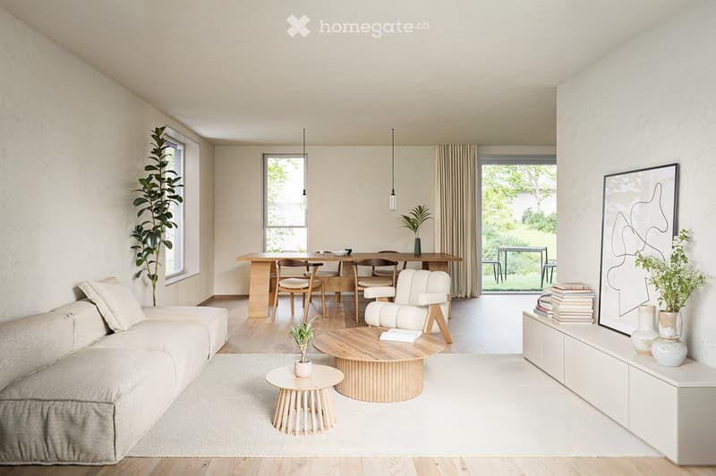 open-plan living and dining area, wooden flooring, white walls, white couches and cushions, wooden coffee tables, lamps, dining table with chairs, large windows with curtains, plant in a white vase