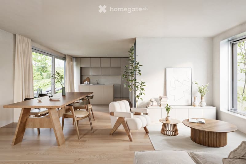 Wooden table and chairs, white armchair, round coffee table, picture frame, shelves, plants, kitchen area, windows with curtains