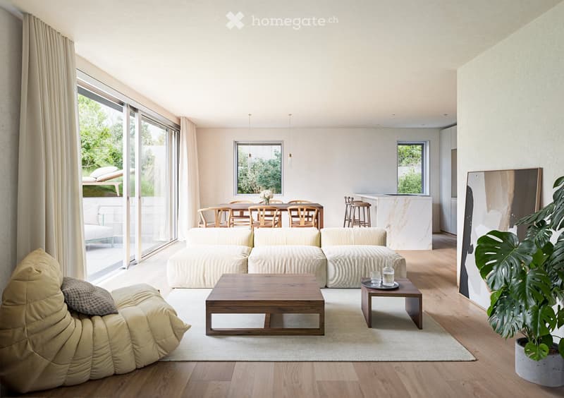 large sliding glass doors with balcony, white sectional couch, wooden coffee table, white rug, modern plant, view of outdoor dining area