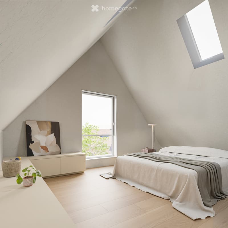bedroom with skylight, large window, bed, wooden floor, white walls, side table, floor lamp