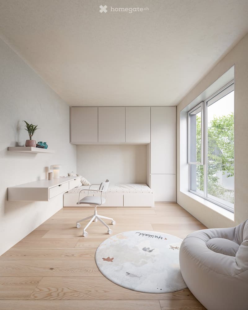 desk, bed, chair, floor, window, shelf, rug, lamp