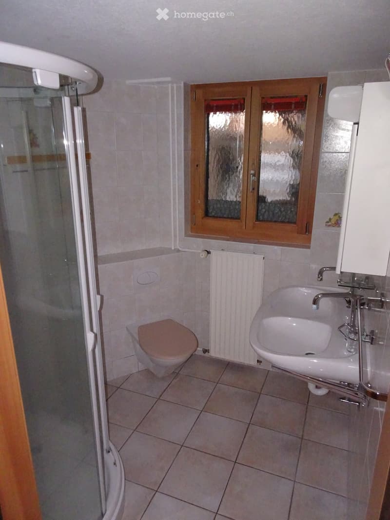 Toilet, walk-in shower, sink, radiator, wooden window, tiled floor.