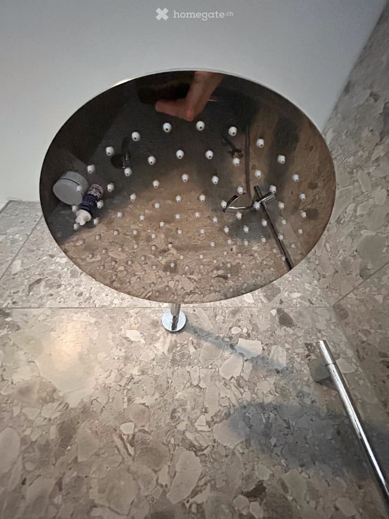 Stainless steel shower head with multiple nozzles, marble flooring