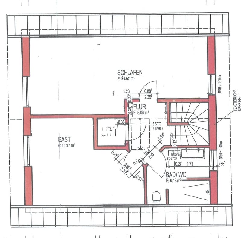 Floor plan with one bedroom, bathroom, lift, and staircase
