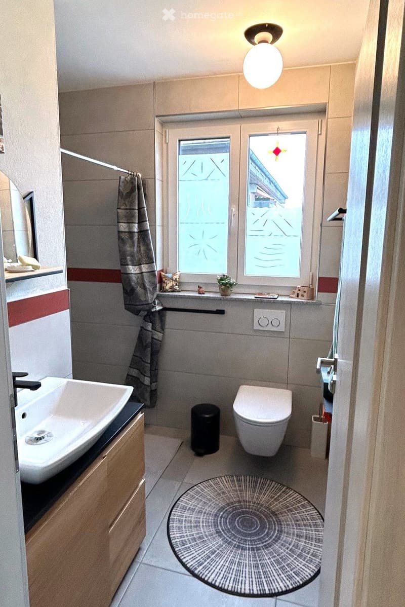 Bathroom with toilet, sink, and round rug, window with plants.