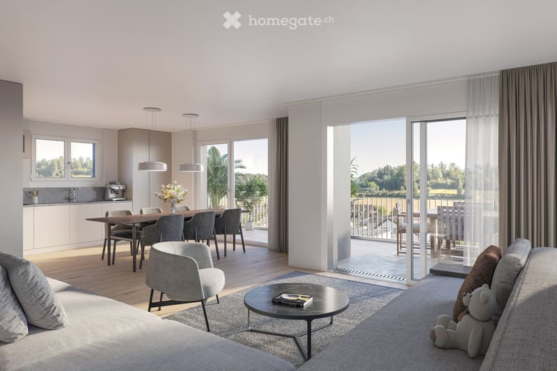wooden floor, grey couches, table, chairs, balcony, windows