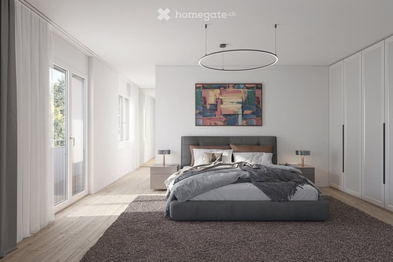 Modern bedroom with wooden floors, white walls, gray bed, beige carpet, bedside tables with lamps, large painting on the wall, glass door leading to a balcony