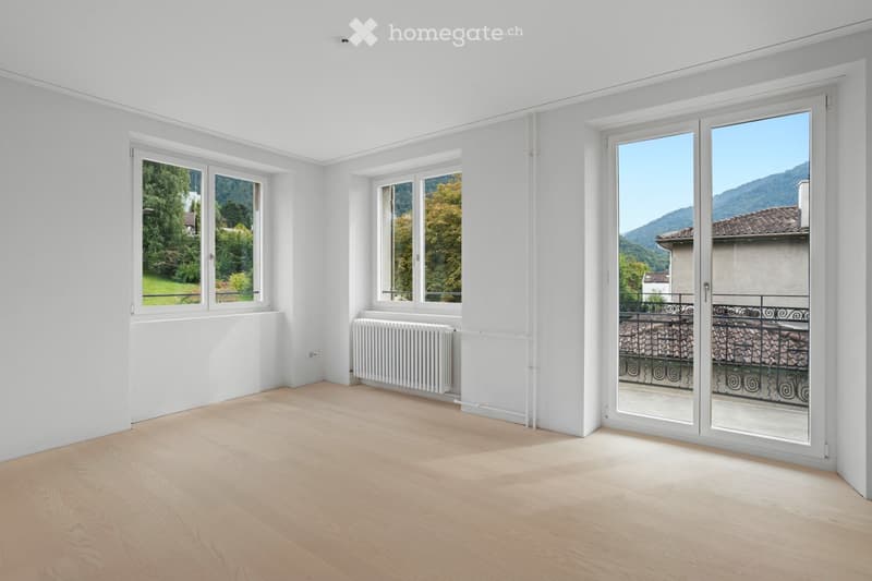empty room, large windows, balcony, wooden floor, white walls, radiator