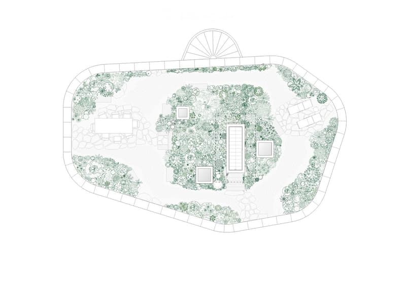 Plan of a landscaped garden area with pathways, planting beds, and a central rectangular structure, likely a pool or patio.