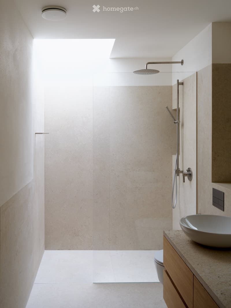 Modern bathroom with a large walk-in shower, sleek sink, and minimalist design.