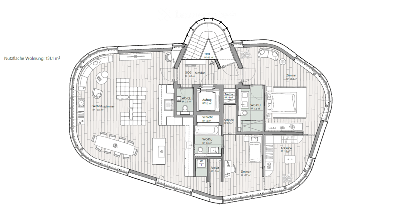 Floor plan of a 151.1 m² apartment featuring a living/dining area, kitchen, three bedrooms, two bathrooms, hallway, storage, and elevator access.