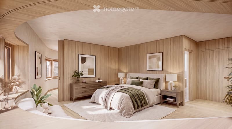 Modern bedroom with wooden walls, a large bed with green bedding, nightstands, lamps, and decorative plants.