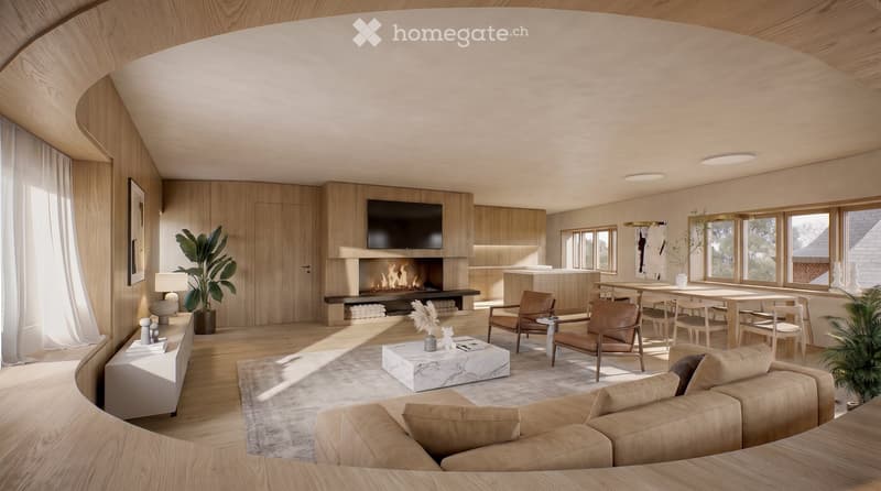 Modern living room with a fireplace, large windows, a beige sofa, coffee table, dining area, and armchairs.