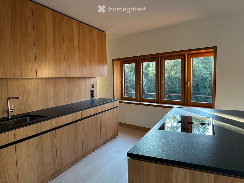 Modern kitchen with wooden cabinets, black countertop, and a sink with a faucet. Large windows provide natural light.