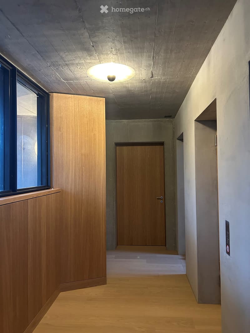 wooden paneled walls, wooden door, glass windows, grey ceiling, white walls, wooden floor