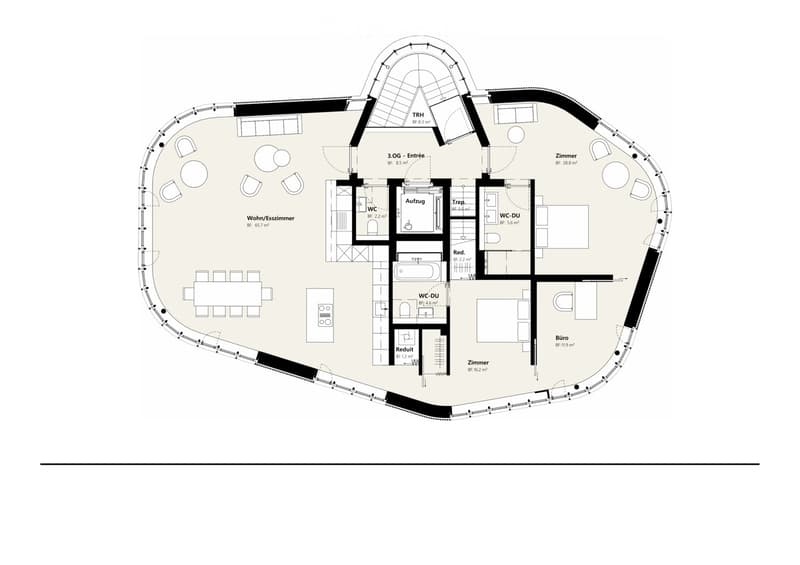 Floor plan: living room, kitchen, 4 bedrooms, 3 bathrooms, 2 WCs, office, two WCs for disabled people, balcony