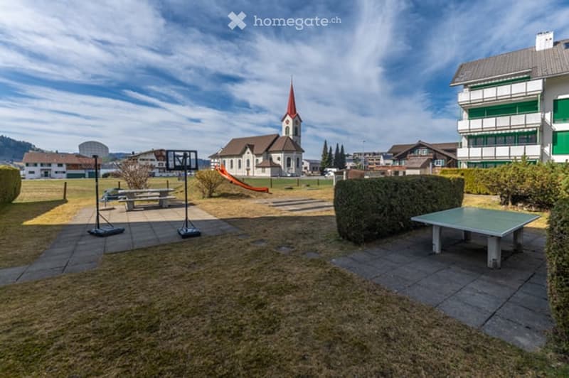 outdoor table tennis, small slide, basketball hoop, bench, manicured lawn, shrubs