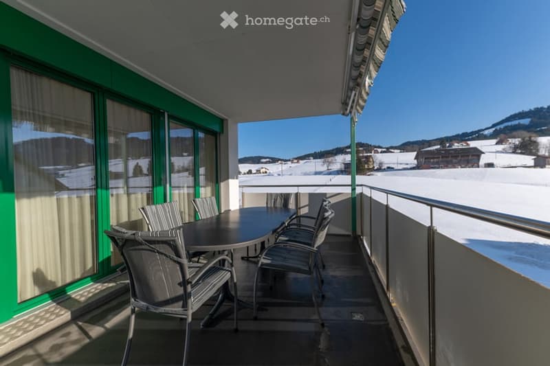Balcony with table, chairs, railings, green-framed windows, snowy mountain view