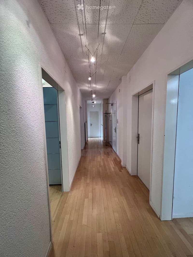 long hallway, wooden floor, white walls, white ceiling, several doors