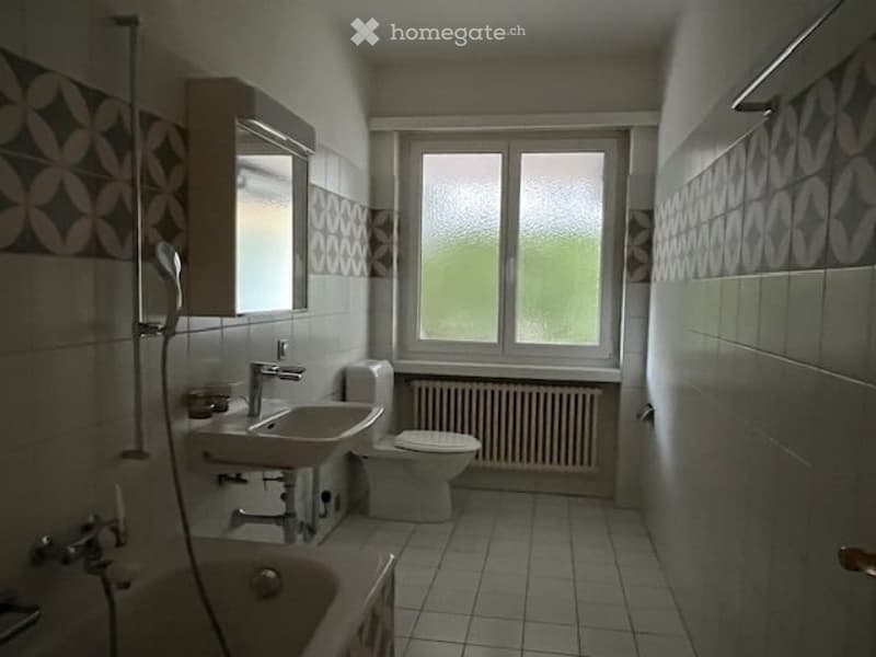 white bathroom with bathtub, toilet, sink, mirror, window, and radiator