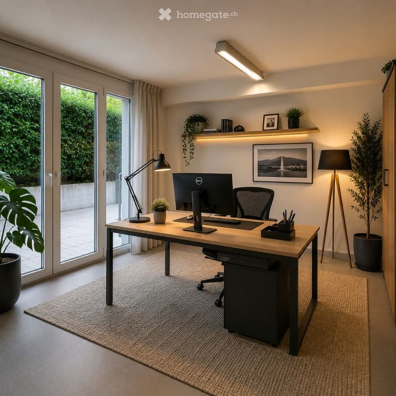 Furnished Room. A desk with a computer monitor, keyboard, and mouse. A lamp and a plant are on the desk. A chair is placed in front of the desk. A picture frame and a book are on the shelf. A potted plant is on the floor. A lamp is on the right side. A ru