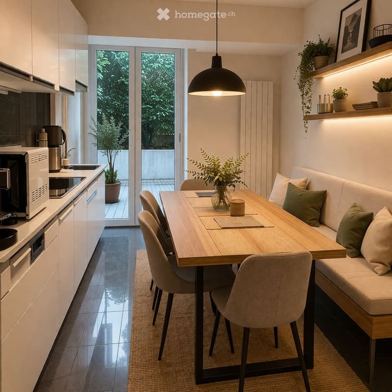 Kitchen. Modern kitchen with white cabinets, a dining area with a wooden table, and a cozy seating area with a couch.