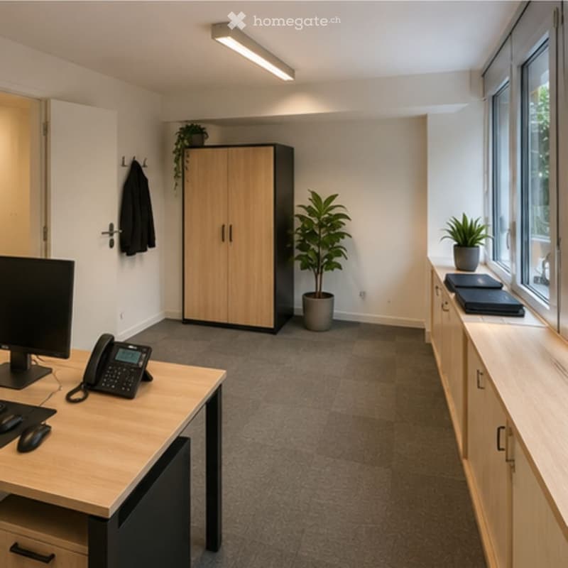 Furnished Room. An office space with a desk, computer monitor, telephone, and keyboard. A cabinet and plants are on the right side, and a coat is hanging on the wall.