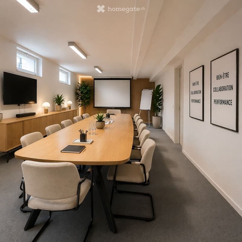 Furnished Room. A conference room with a long table, chairs, a television, a whiteboard, lamps, plants, and a book on the table.