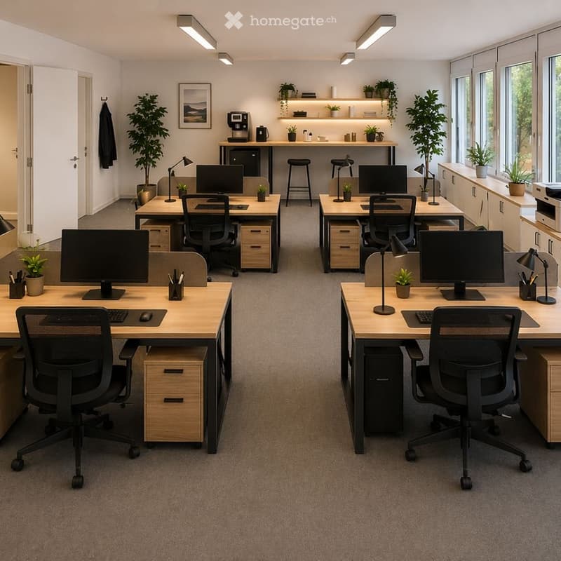 Furnished Room. Modern office space with multiple desks, chairs, computer monitors, and plants.