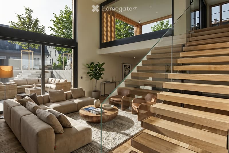 living room with open glass walls, two sofas, wooden floor, large carpet, coffee table, wooden steps, couch on the wall
