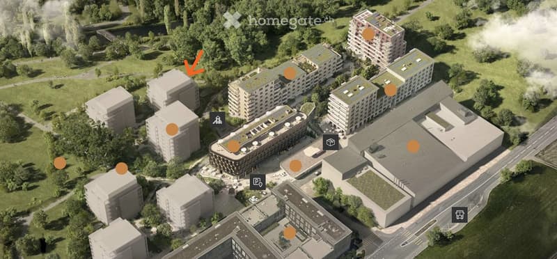multiple buildings, green roofs, raised ground floor, balconies, parking